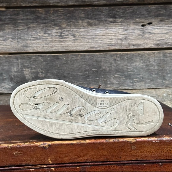 GUCCI Men’s Microsoft Blue Leather High-Top Sneakers White Laces US sz 8 - Picture 12 of 13